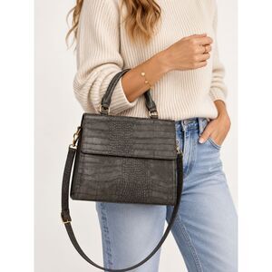 Insulated Lunch Bag Gray Croc Embossed Purse Style Tote Crossbody Strap